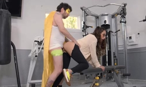 Young devilish with glasses gets double penetrated wide be passed on gym